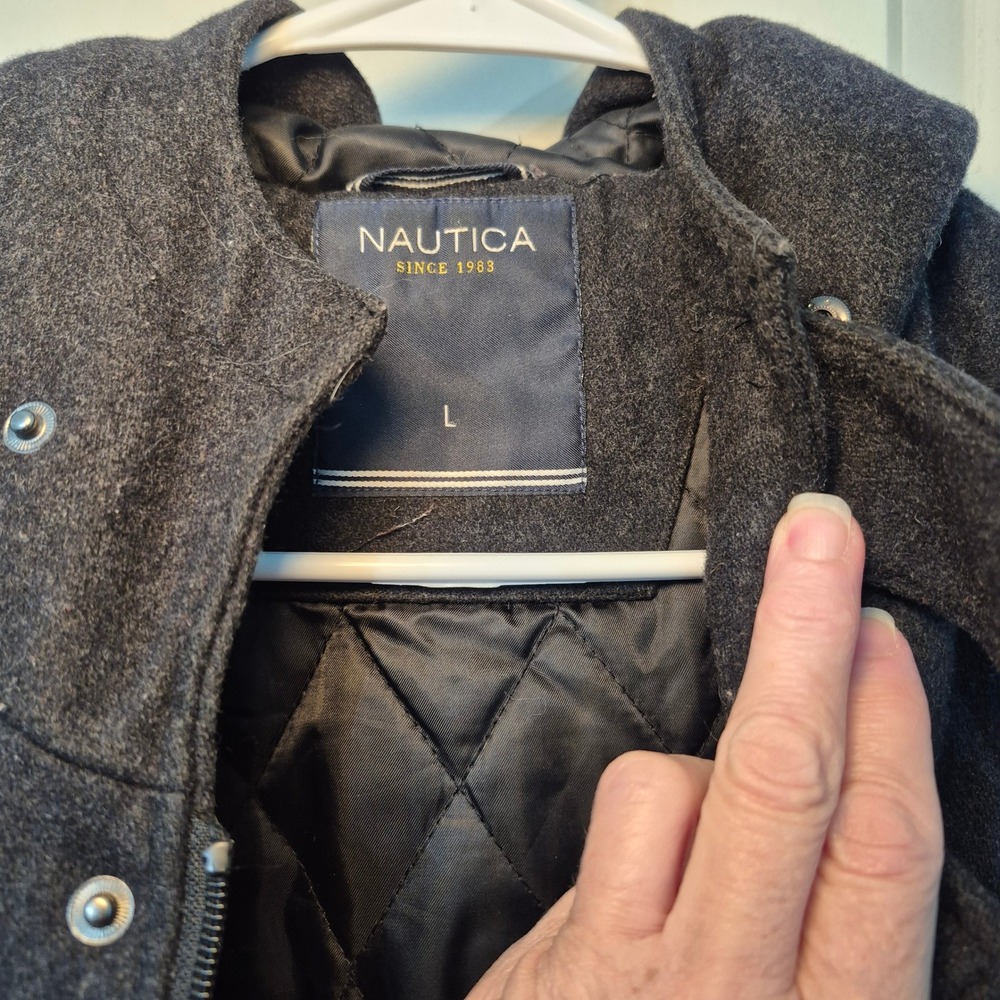 Nautica Mens Charcoal Gray Wool Blend Hooded Duffle Coat Jacket Toggle Front - Picture 9 of 12